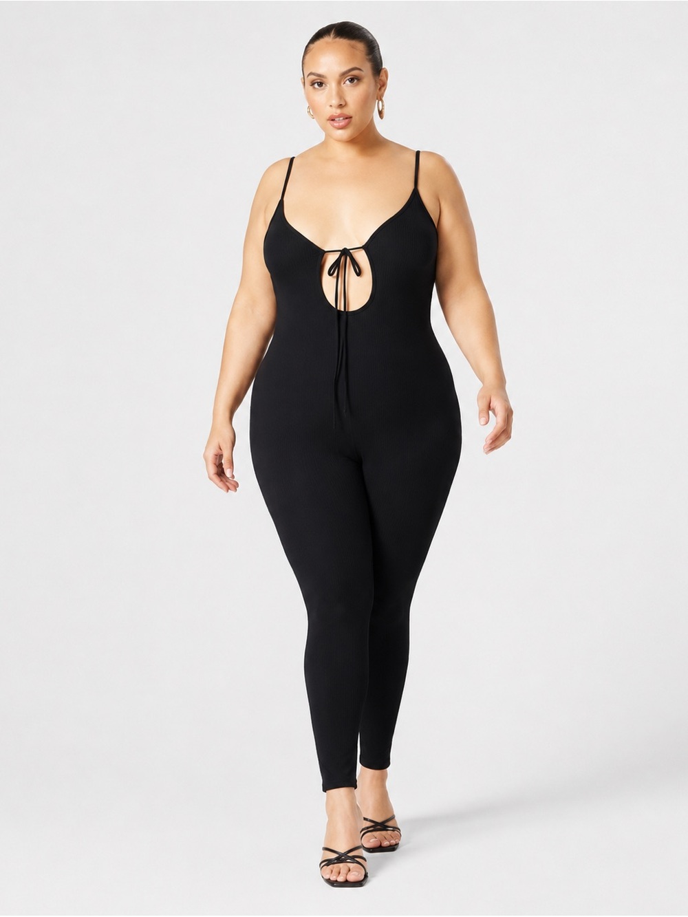Ribbed Keyhole Tie-Front Jumpsuit